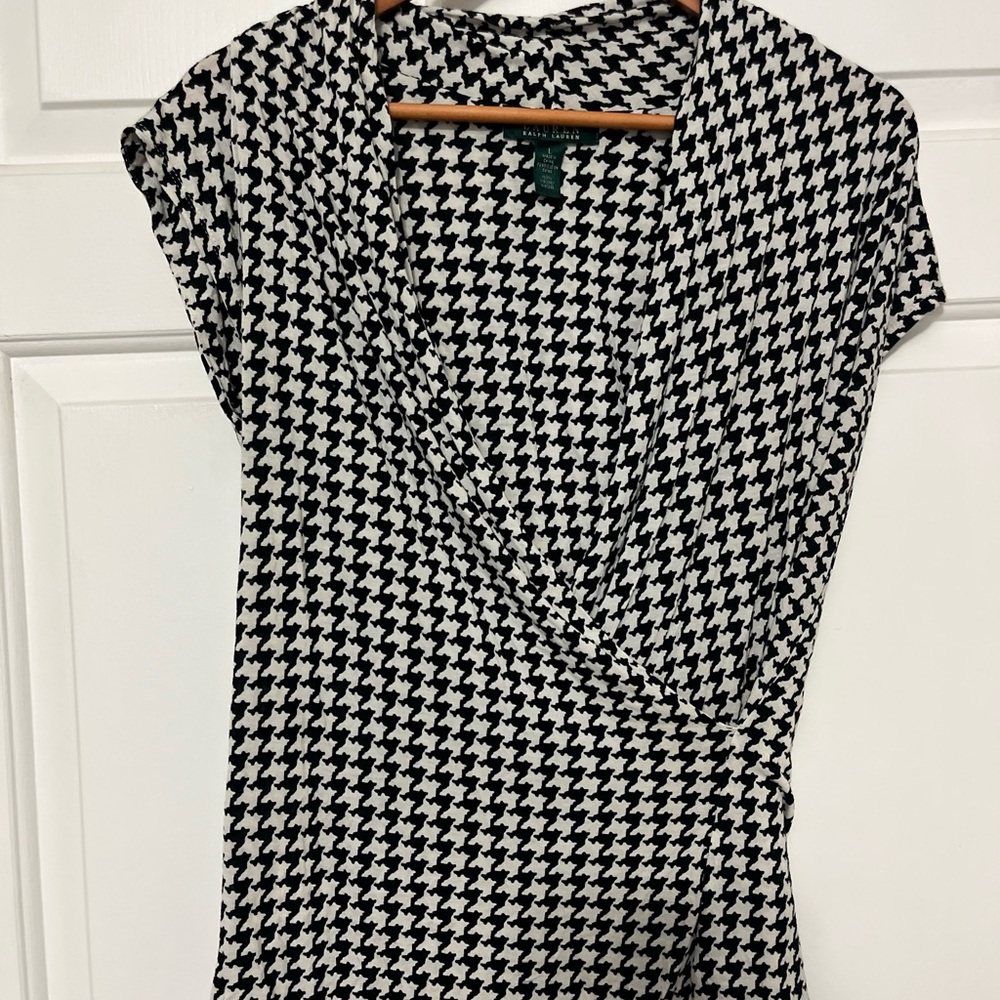 Lauren Ralph Lauren Black and White Houndstooth faux wrap sleeveless shirt L
